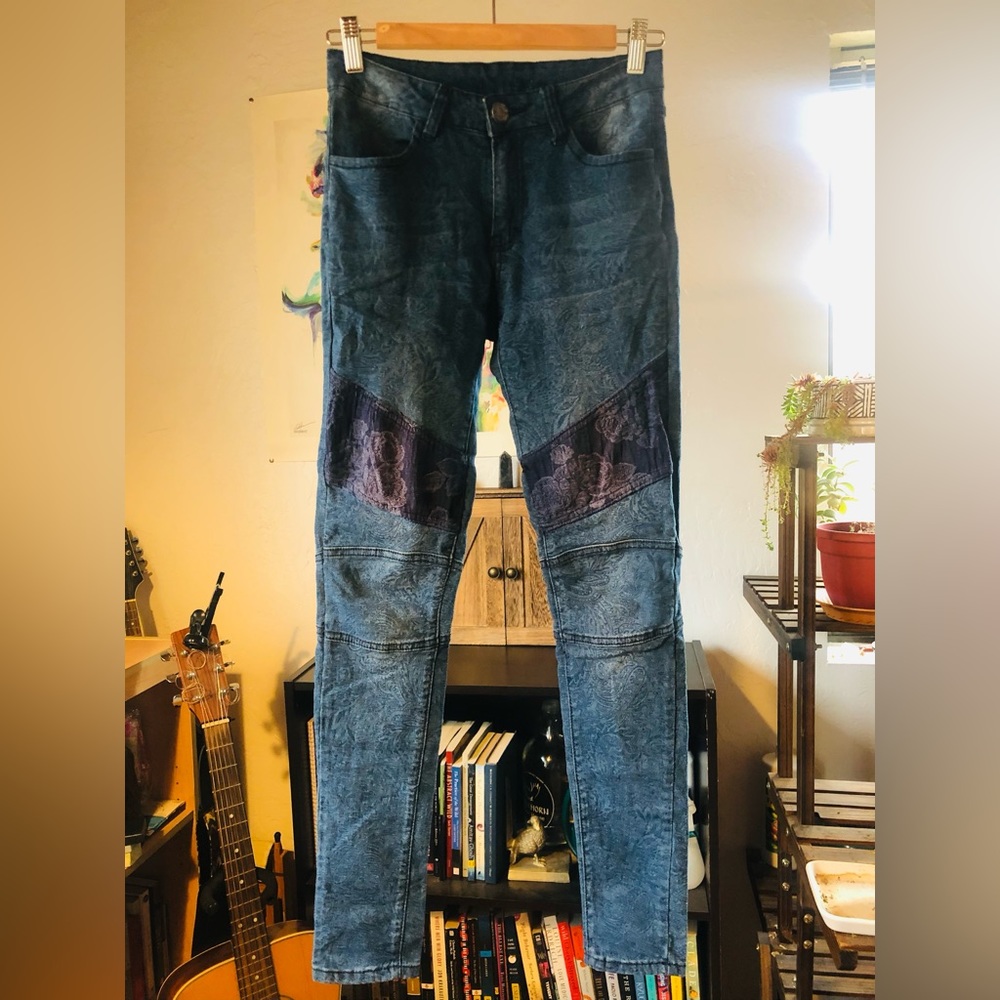 Floral Paisley Patched Moto High-Rise Skinny Jeans